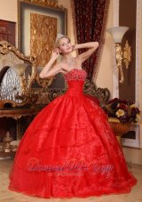 Puffy Pretty Red Quinceanera Dress Strapless Taffeta and Tulle Beading Ball Gown
