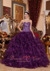 Puffy Affordable Dark Purple Quinceanera Dress Sweetheart Organza Sequins Ball Gown
