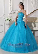 Puffy Romantic Teal Quinceanera Dress Strapless Tulle Beading and Ruch Ball Gown