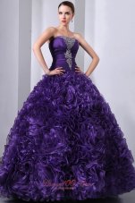 Puffy Purple A-Line / Princess Beading and Hand Made Flowers Quinceanea Dress Strapless Floor-length Organza