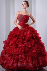 Puffy Wine Red A-Line / Princess Sweetheart Beading and Ruffles Quinceanea Dress Floor-length Organza