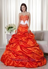 2013 Orange Red A-line Sweetheart Floor-length Taffeta Appliques Quinceanera Dress