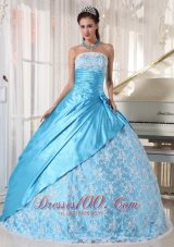 2013 Aqua Blue Ball Gown Strapless Floor-length Taffeta Lace Quinceanera Dress