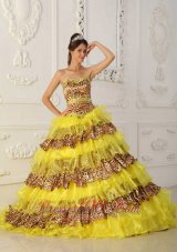 2013 The Most Popular Yellow Quinceanera Dress Strapless Sweep /Brush Train Leopard and Organza Ruffles A-Line / Princess