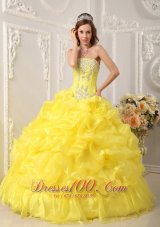 2013 Cute Yellow Quinceanera Dress Strapless Organza Beading Ball Gown