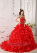 2013 Informal Red Quinceanera Dress Strapless Organza Ruffles and Embroidery Ball Gown