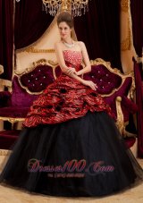 2013 Exquisite Red and Black Quinceanera Dress Strapless Zebra and Tulle Hand Made Flowers Ball Gown