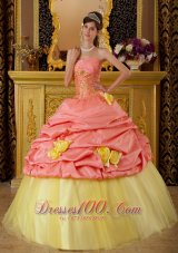 2013 Fashionable Watermelon and Yellow Sweet 16 Dress Strapless Taffeta and Tulle Beading Ball Gown