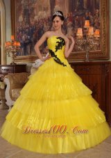 2013 Beautiful Yellow Quinceanera Dress Strapless Organza Appliques Ball Gown