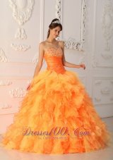 2013 Elegant Orange Red Quinceanera Dress Sweetheart Organza Beading and Ruch Ball Gown