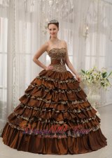 2013 Modest Brown Quinceanera Dress Sweetheart Taffeta Leopard Ruffles Ball Gown