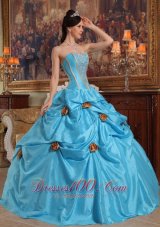 2013 Lovely Sky Blue Quinceanera Dress Strapless Taffeta Beading and Hand Made Flowers Ball Gown