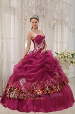 2013 Popular Burgundy Quinceanera Dress Sweetheart Organza and Zebra or Leopard Appliques Ball Gown