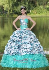 2013 Colorful Printing and Organza Beaded Decorate Waist Pick-ups and Ruffles Brush Train Lovely Style For 2013 Quinceanera Dress