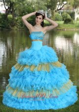 2013 Beaded Decorate Bust Sequins Organza Aqua Blue and Yellow Strapless Floor-length Tiered Sweet Quinceanera Dress For 2013