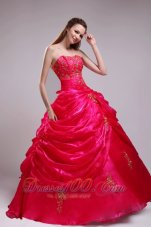 2013 Classical Red Quinceanera Dress Strapless Organza Applqiues Ball Gown