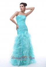 Best Ruched and Ruffles Decorate Bodice Mermaid Floor-length Light Blue Organza 2013 Prom / Evening Dress