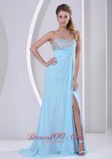 Best Wholesale Aque Blue High Slit Beading and Ruch 2013 Celebrity Dress Party Style