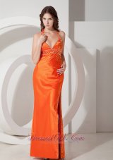 Best Modest Orange Column / Sheath Halter Beading Prom Dress Floor-length Elastic Woven Satin
