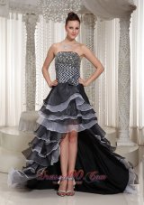 Best High-Low Strapless Hand Made Flowers Beaded Black lace-up Evening Dress In 2013