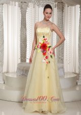 Best Hand Made Flowers Beading Organza Light Yellow Prom Dress With Floor-length Strapless