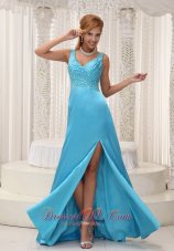 Best High Slit Aqua Blue Prom / Evening Dress For 2013 Straps and Beaded Decorate Up Bodice Gown