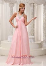 Best Beaded Decorate Scoop Neckline Ruched Decorate Bust Brush Train Baby Pink Chiffon 2013 Prom Dress For Military Ball