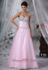 Best Baby Pink Empire Sweetheart Floor-length Tulle and Satin Beading Prom Dress