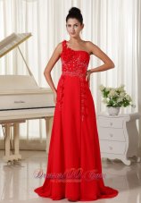 Best Red Evening Dress One Shoulder With Hand Made Flowers Beaded and Ruched Bodice