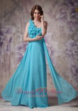 Hand Made Flowers One Shoulder Aqua Blue Chiffon Prom Dress