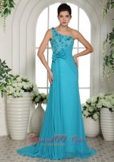 Best 2013 Baby Blue Hand Made Flowers and Ruch One Shoulder Prom Gowns With Brush Train