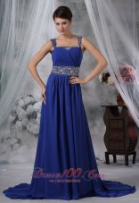 Best Des Moines Iowa Beaded Decorate Straps and Wasit Brush Train Royal Blue Chiffon Prom / Evening Dress For 2013