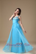 Best Aqua Blue Column Straps Prom Dress Organza Beading and Ruch