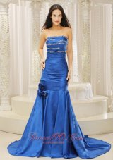 Best Mermaid Royal Blue and Court Train For Prom Dress Beaded Decorate Bust Hand Made Flowers