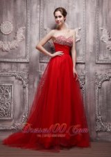 Best Red A-Line Sweetheart Brush Train Net Beading Prom Dress