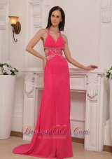 Best Coral Red Column Halter Brush Train Chiffon Beading Prom / Pageant Dress