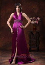 Best 2013 New Style Hot In Willcox Arizona High Slit Prom Dress With Fushsia Halter Brush Train Beaded Decorate On Satin