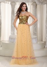 Best Gold Empire Sweetheart Brush Train Tulle Sequins Prom Dress