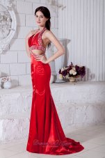 Best Sexy Red Mermaid Prom / Evening Dress Halter Brush Train Taffeta Beading
