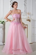 Best Baby Pink Prom Dress Column Strapless Appliques Brush Train Tulle