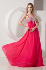 Best Coral Red Empire Spaghetti Straps Brush Train Chiffon Beading Prom / Evening Dress
