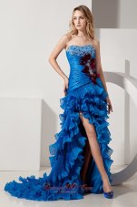 Best Blue Column Sweetheart Beading Ruffles Prom Dress Court Train Organza