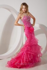 Best Hot Pink Mermaid Strapless Brush Ruffles Train Prom / Evening Dress with Beading