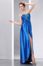 Best Cheap Blue Prom Dress Column Spaghetti Straps Beading and Ruch Floor-length Elastic Wove Satin