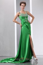Best Sexy Green Beading Prom Dress Column Straps Court Train Elastic Woven Satin