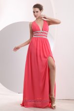 Best Sexy Watermelon Red Prom / Evening Dress Halter Brush Train Chiffon Beading Empire