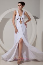 Best Sexy White Prom Dres Wide Straps Brush Train Chiffon Beading and Ruch Column / Sheath