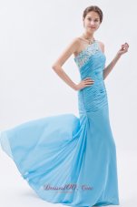 Best Baby Blue Mermaid One Shoulder Prom Dress Chiffon Beading Brush Train