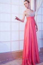 Best Coral Red Empire Straps Brush Train Chiffon Beading Prom Dress