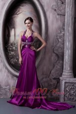 Best Pretty Eggplant Purple Column Halter Prom Dress Silk Like Satin Beading Court Train